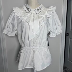 Alice Blue White Ruffled Blouse with Embellished Collar